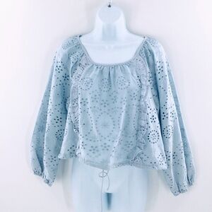 Joie Peasant Top Blue Eyelet Ruffled Balloon Sleeve Cropped Drawstring Hem Sz S